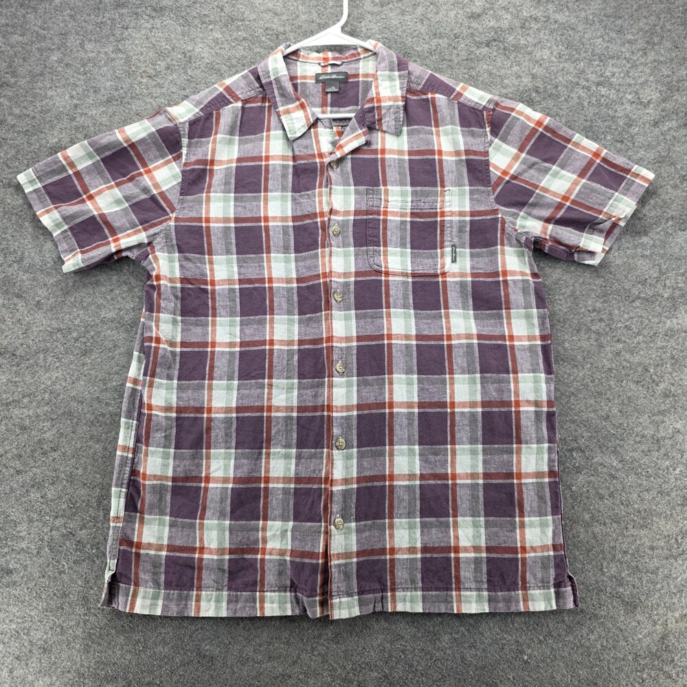 Eddie Bauer Shirt Mens Tall Large Button Up Purple Plaid Linen Blend